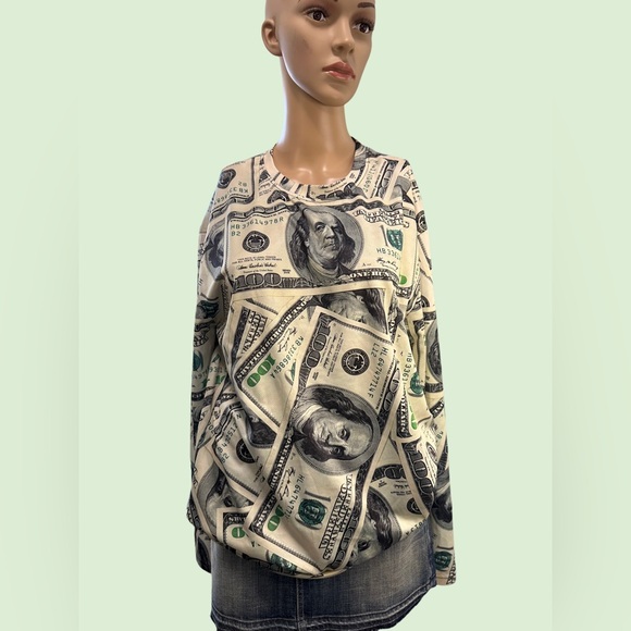 100 Dollar Bill Print Long Sleeve Round Neck Pullover Sz M - Picture 1 of 4